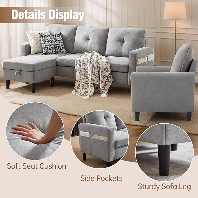3 Piece Living Room Sofa Sets Modern 3 Seater Sofa with Storage Ottoman and 2 PSC Armchair Couch Sets Easy Assembly Modern 5 Seat Sectional Couches for Living Room Office Light Grey