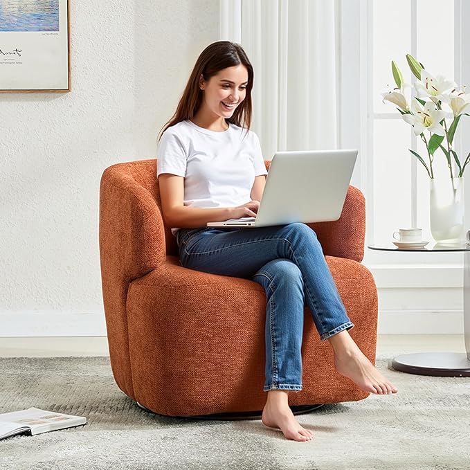 Swivel Accent Chair Upholstered Fabric Barrel Chair Chenille Round Boucle Armchair for Living Room Bedroom Orange