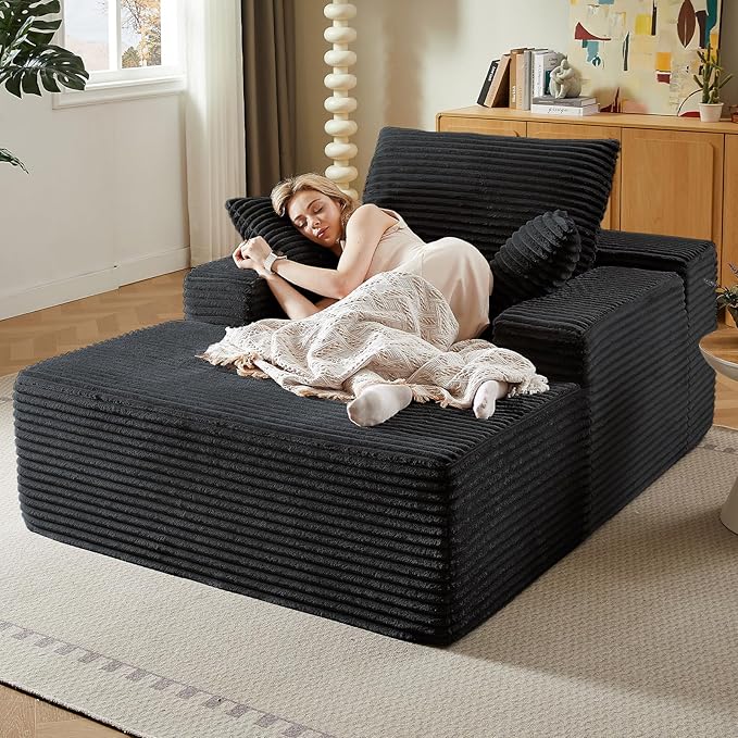 50 Oversized Chaise Lounge Chair IndoorCorduroy Boneless Reading Chair with 3 PillowsDeep Seat Cloud Sofa BedComfy Modern Sleeper Chairs in Box for Living Room BedroomNo Assembly(Black)