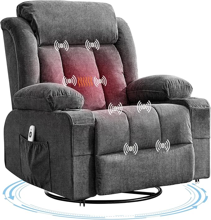 Rocking Recliner Chair with Heat and Massage Nursery Recliner 360° Swivel Chairs for Adults Lazy Boy Single Sofa Seat with 3 Positions 2 Side Pockets Cup Holders and USB Ports Grey
