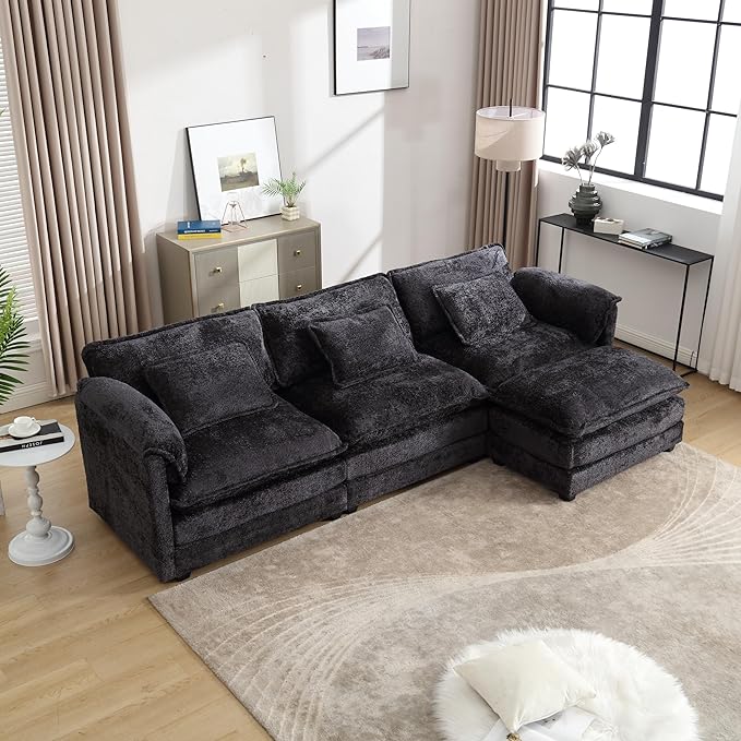 KEIKI 112 L-Shaped Chenille Modular Sectional Chenille Sofa with 1 Movable Ottoman &amp Memory Foam Cushion Upholstered Oversized 4-Seater Couch Easy Assembly for Apartment Living Room Black