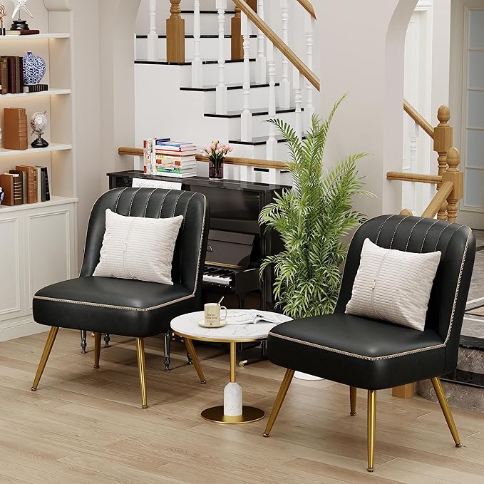 Aklaus Accent Chairs Set of 2 for Living Room Bedroom.Upholstered Reading Chair Faux Leather Modern Corner Chair Armless Chair with Larger Seat Comfy Side Chairs for Office Waiting Room Black