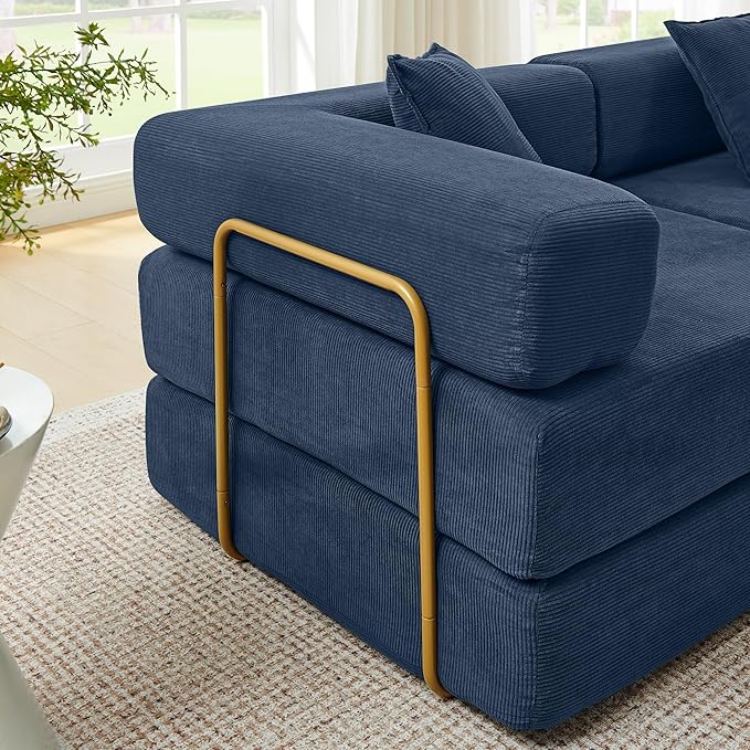 108 W Corduroy Modular Cloud Couch with Fixed-Shape Frame Oversized L-Shaped Sectional Sleeper Sofa Bed with Pull Out Bed No Assembly Modern Floor Boneless Couch for Living Room (Blue)