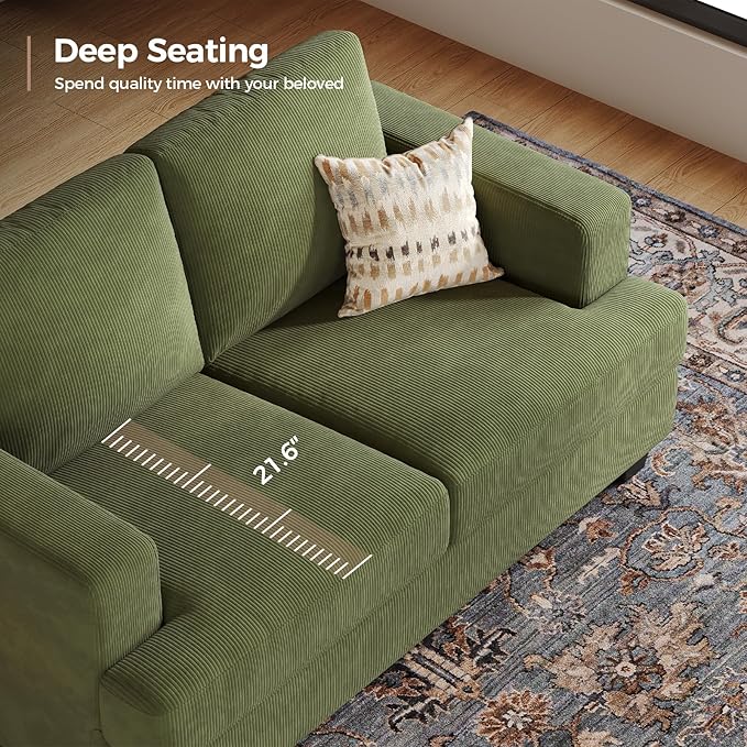 63 Inch Sofa with Extra Deep Seats Oversize Corduroy Fabric 2 Seater Sofa for Living RoomModern Couch and Loveseat Comfy Armrests and Seats and Backrests Easy Installation Green