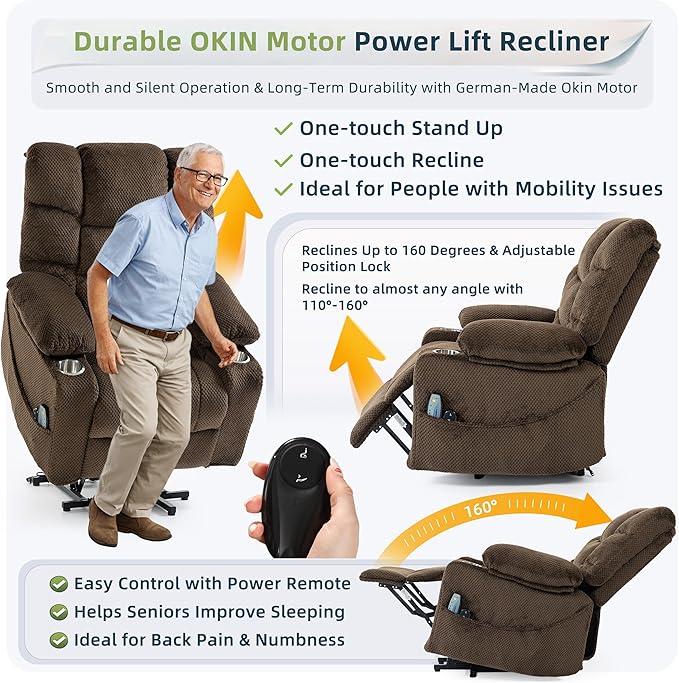 Power Lift Recliner Chair for Elderly Velvet Recliner with Massage and Heat Lazy Boy Power Recliner Lay Flat 160° Cup Holders for Living Room