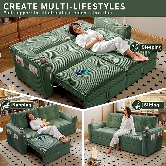 73 Queen Size Sofa Bed Loveseat Sleeper Sofa with Pull Out Bed Pockets and USB Modern 2 Seater Convertible Small Couch for Living Room Bedroom Apartment (Green Corduroy)