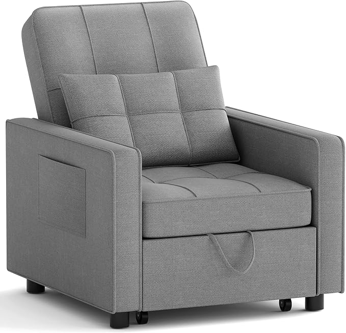 JUMMICO Sleeper Chair 3-in-1 Convertible Sleeper Sofa Bed for Adults Linen Fabric Pull Out Chair Bed with Adjustable Backrest Couches for Living Room Apartment Office Small Space (Light Gray)