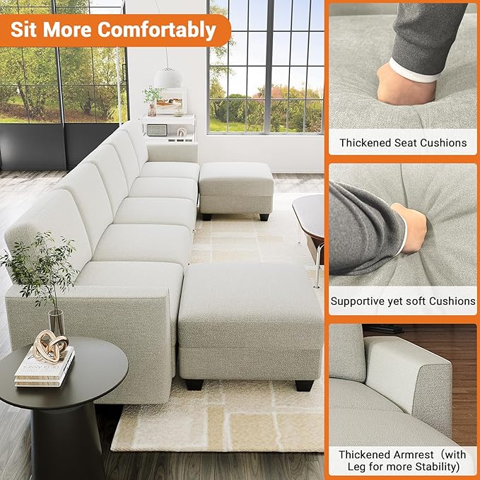 140 Large u Shaped Couch Oversized Modular Sectional Sofa with Storage Ottoman 7-Seater Comfy Combination Sofa Deep Seat Couches for Living Room Beige