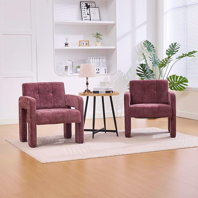 Neftis 26 W x 27 L Accent Chair for Living Room Wine Red Modern Minimalist Armchair with Chenille Fabric High-Density Foam Wide Comfy Leisure Armchair for Bedroom/Office/Apartment