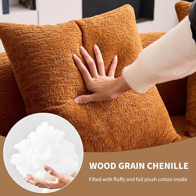65 Curved Loveseat Sectional Sofa for Living Room Modern Plush Chenille Cloud Round Deep Seat Compressed Boneless Couch with 3 Throw Pillows for Small Apartment No Assembly Needed Orange
