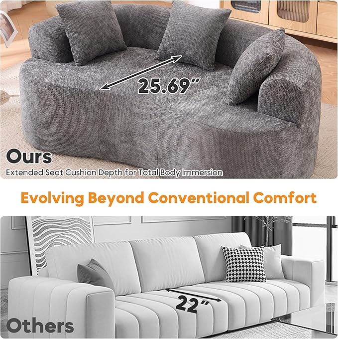 Loveseat Sectional Boneless Sofa for Living Room 79 Modern Luxury Chenille Sofa Extra Deep Seat Curved Cloud Floor Couch with 3 Throw Pillows for Small Spaces Grey