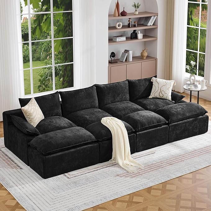 138 4 Seat Boneless Couch with Movable Ottoman Boneless Modular Sectional Sofa Deep Seat Modern Sleeper Sofa Bed for Living Room Cloud Modular Sectional Couch 4 Seat Chenille Chaise Lounge Black