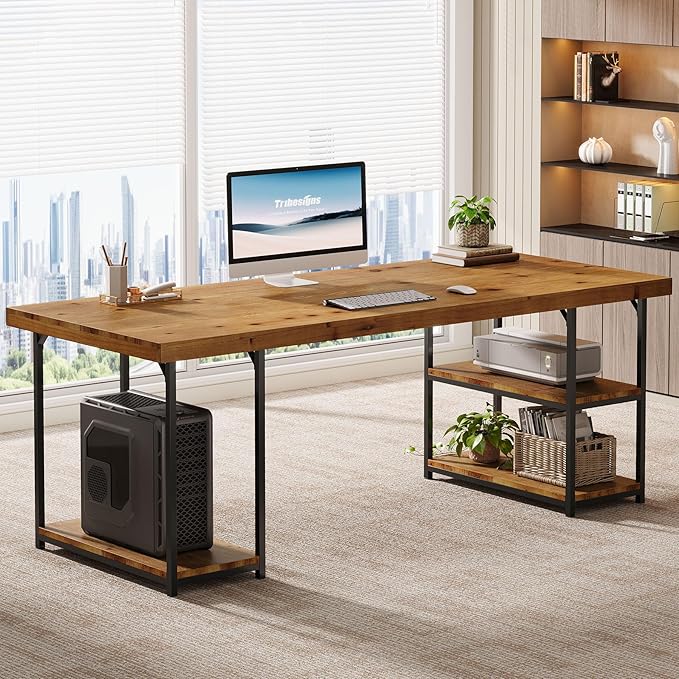 Tribesigns 71-Inch Solid Wood Long Desk with Shelves Industrial Home Office Desk Large Executive Office Computer Table Writing Gaming Workstation for Office Living Room Light Brown &amp Black