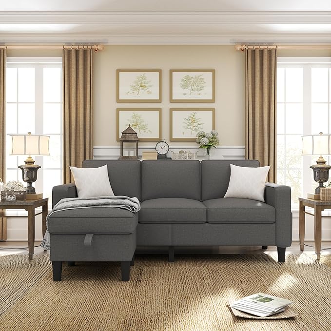 ZeeFu Couch for Living Room - 78'' Beige Linen 3 Seat L-Shaped Sectional Sofa Couches with Storage Ottoman - Modern Small Space Upholstered Furniture Sofa Set for Office Small Space Apartment