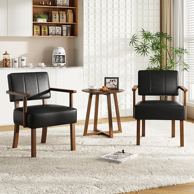 Garvee Mid-Century Accent Chair Set of 2 with Wood Frame PU Leather Upholstered Lounge Arm Chair with Classic Vertical Stripe Reading Leisure Chair for Living Room Bedroom Balcony Black