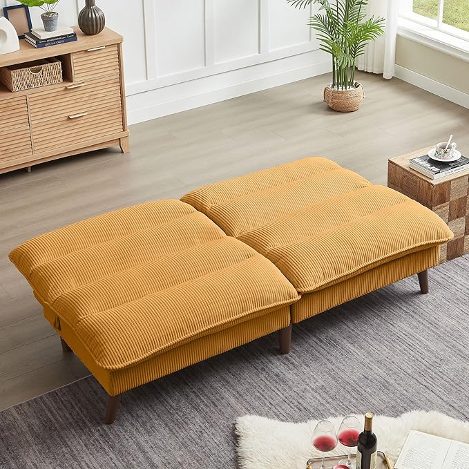 Convertible Sofa Bed 72″ Fabric Couch with Adjustable Backrest Loveseat Recliner Sleeper Living Room Furniture futon Set for Apartment Small Space Yellow
