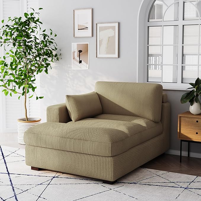 Chaise Lounge Indoor Upholstered Corduroy Sofa Counch with Right Armrest for Living Room Oversized Sleeper Sofa Bed with Pillows for Bedroom Apartment-Camel