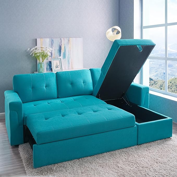 Naomi Home 85 in. Convertible Sofa with Storage Reversible L Shape Sofa Couch with Chaise Comfy Couches for Living Room Teal/Velvet