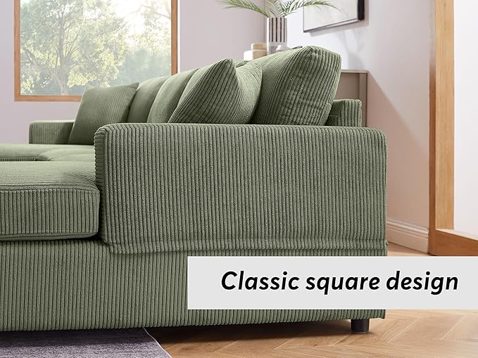 VANOMi 118'' U Shaped Sectional Sofa Couch Corduroy Fabric Modern Cozy Jumbo Size 4-Seater Living Room Couch Double Chaise Longue Olive