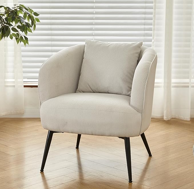 Modern Channel Corduroy Accent Chair with Black Metal Legs Luxurious Design and Comfortable Seating Ideal for Living Room Bedroom or Office Beige