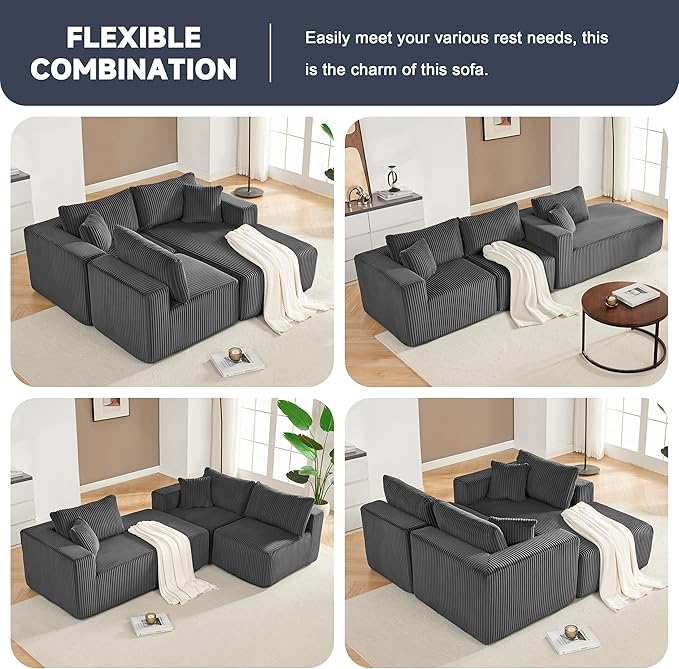 97 Modular Sectional Sofa L-Shaped Boneless Couch with Deep Seat Cozy Cloud Couch Sectional with Convertible Ottoman Modern Sectional Couches for Living Room（ Grey）