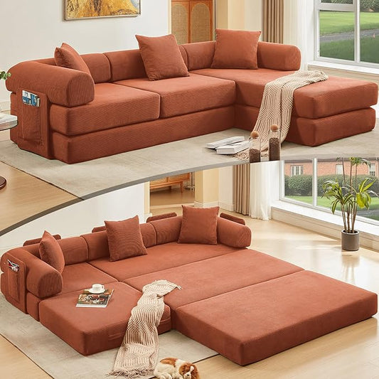 L Shaped Convertible Modular Sofa Bed with Cylindrical Pillow &amp Reversible Chaise Corduroy Folding Floor Sofa Couch Bed with Fixed-Shape Frame &amp Storage Pocket for Living Room Orange