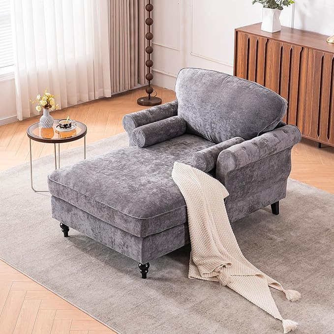 Accent Chair 59'' Modern Armchair for Living Room Upholstered High Back Lazy Sleeper Armchair Recliner for Woman Chaise Lounge Chair Indoor Single Reading Sofa Chair with Wood Legs (Dark Grey)