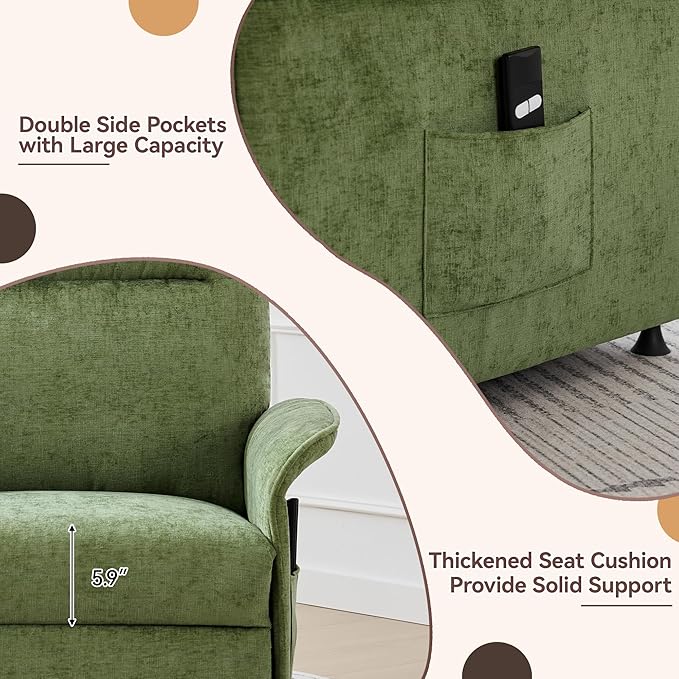 Power Recliner Chair for Adults Modern Reclining Single Sofa with Curved Armrest Comfy Ergonomics Electric Recliner with Side Pockets Adjustable Reading Chair for Living Room Bedroom Chenille Green