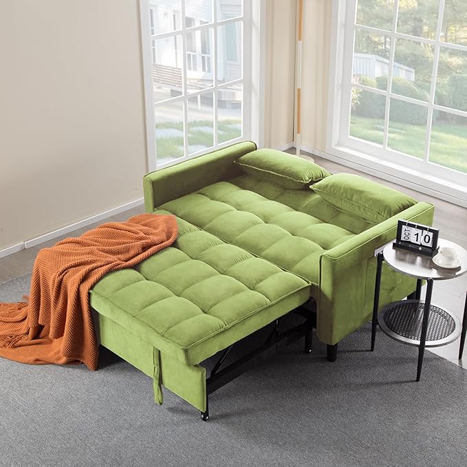 3 in 1 Convertible Sofa Bed Love Seat Sleeper Bed with Side Pockets Velvet Fabric Pull Out Couch with Adjustable Backrest for Living Room Bedroom Apartment Olive Green
