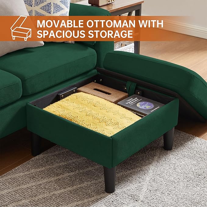 3 Pieces Sectional Sofa Couches Set 3-Seater L Shaped Couch Sofas and Loveseat with Armchair and Storage Ottoman for Living Room Living Room Furniture Set Green