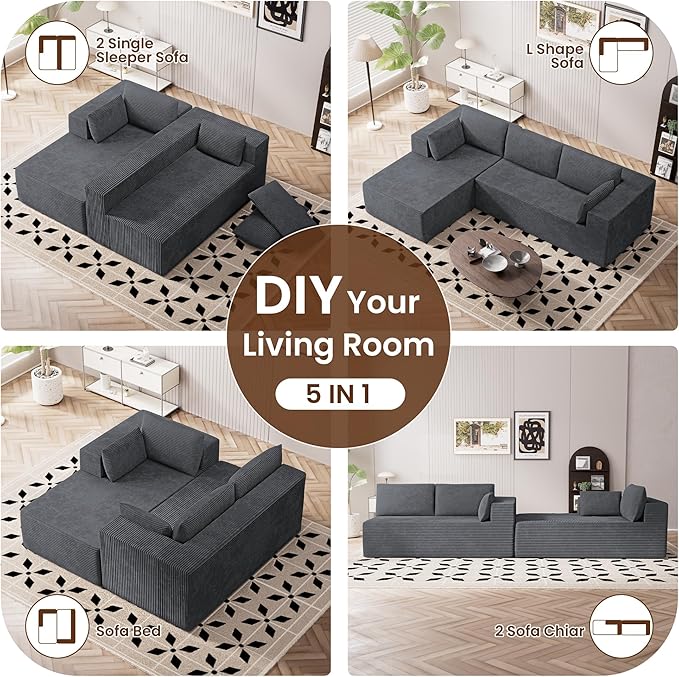 106 Cloud Sectional Boneless Couches for Living Room Modular L Shaped Couch with Deep Seat Oversized Left Facing Chaise Memory Foam Compressed Spineless 3 Seater Sofa for Bedroom Apartment Grey