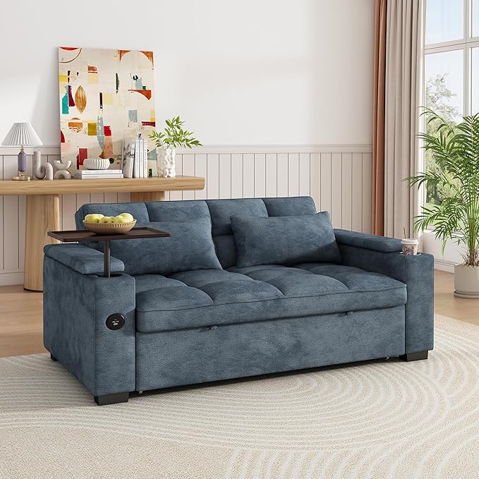 KEIKI 65 3-in-1 Convertible Sofa Bed Space-Saving Sleeper Couch with 90° Swivel Side Table USB &amp Type-C Charging Hidden Storage for Modern Home Office Living