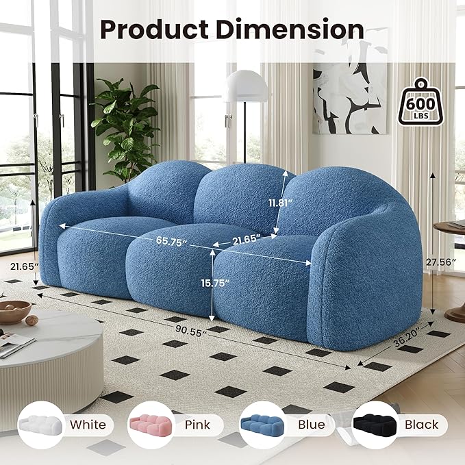 90 Modern Teddy Velvet Sofa Couch – One-Piece Memory Foam 3-Seater Sofa with Rounded Arms Soft &amp Cozy Upholstery for Living Room