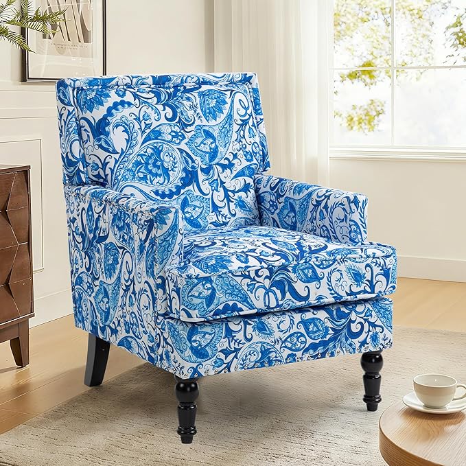 Accent Chair Modern Comfy Mid-Century Anthropologie Accent Chairs Linen Upholstered Wingback Lounge Arm Chair with Solid WoodSingle Floral Pattern Chair for Living Room/Balcony/Bedroom