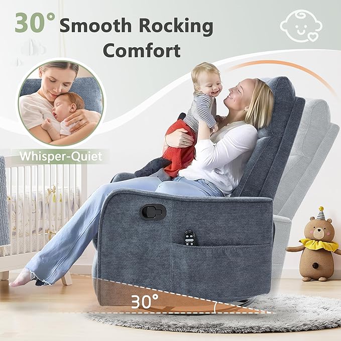 cinkehome Heated Massage Swivel Rocker Recliner Chair for Nursery - Small Space Reclining Chair with Lumbar Support 360° Swivel &amp Gentle Rocking Ergonomic High Back Chenille Fabric Blue