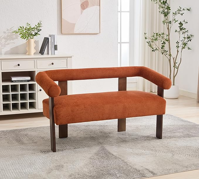 Christopher Knight Home Celen Modern Boucle Fabric Upholstered Loveseat with Round Armrest and Rubberwood Frame Comfy Living Room 2-Seater Sofa Space-Saving Couch for Apartment Brown + Dark Orange