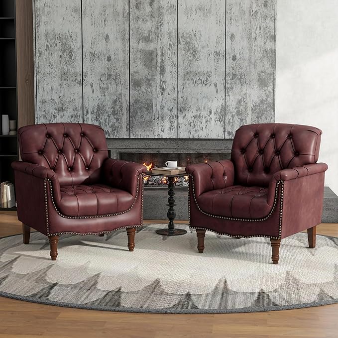 Faux Leather Accent Chairs Set of 2 Modern Armchair Club Chair with Nailhead Trims &amp Wood Legs for Living Room Upholstered Comfy Arm Chair Side Chair for Office Bedroom-Dark Red