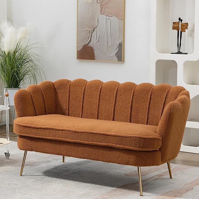 Boucle Small Sofa Couch for Small Spaces Living Room Bedroom59 Loveseat Couches with Gold Metal LegsChannel Tufted 2 Seater Sofas with Curved Back and Arms for ApartmentRV.