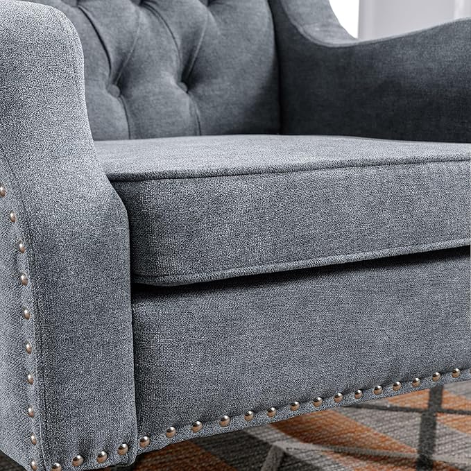 Grey Accent Chair Living Room Chair Footrest Chair Set with Vintage Brass Studs Button Tufted Upholstered Armchair for Living Room Comfy Reading Chair for Bedroom Reception Room