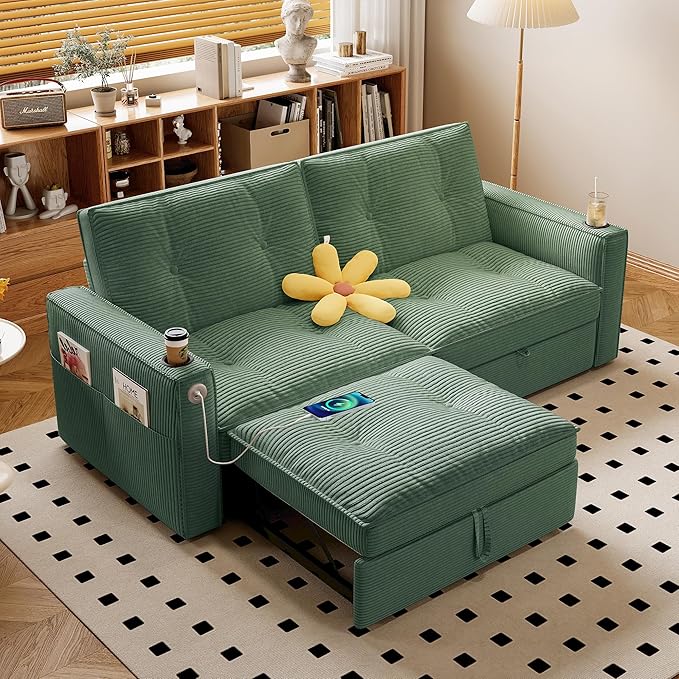 73.2 King Size Sleeper Sofa Bed 3-in-1 Pull Out Couch with Corduroy Fabric Convertible Loveseat L Shaped Couch with Adjustable Backrest Side Pocket &amp Cup Holders for Living Room Apartment