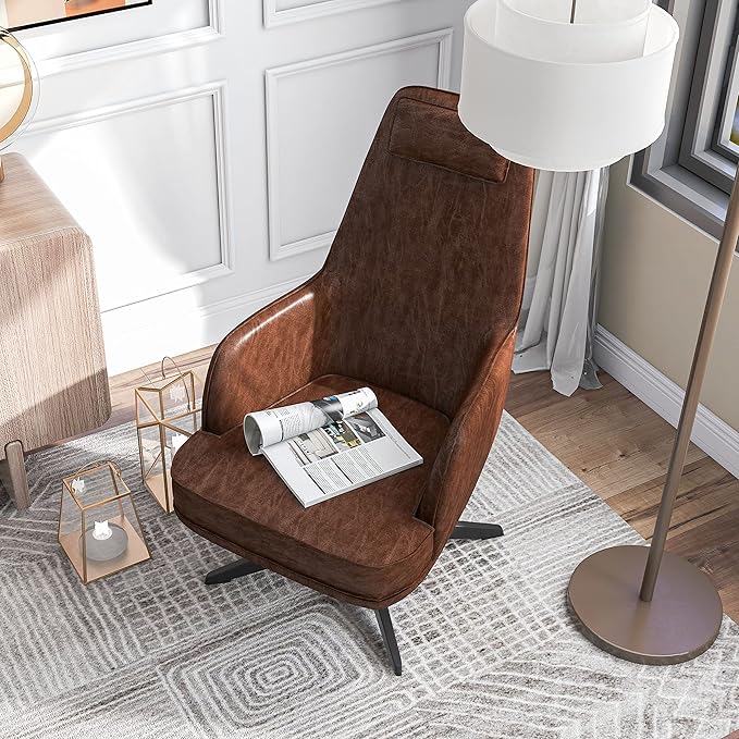 Furniture of America Altha Modern Swivel Base Faux Leather Accent Chair for Living Room Bedroom Home Office Brown