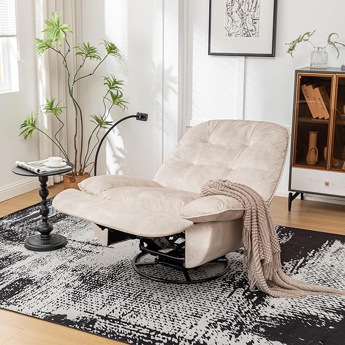 JOSHEN 41 Modern Velvet Reclining Lazy ChairLarge Reading ChairSwivel Gliding Rocking Chair with Mobile Phone Holder for Living RoomBedroomIvory