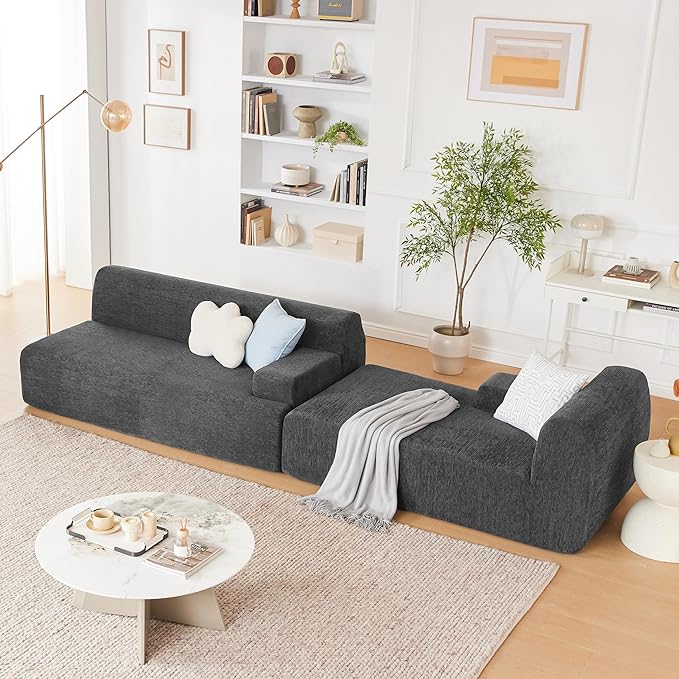 107 Modular Sectional Cloud Couch Boneless couches Sponge sectionals for Living Room High Density Sponges Sofa Modular L-Shape with Chaise Darkgrey