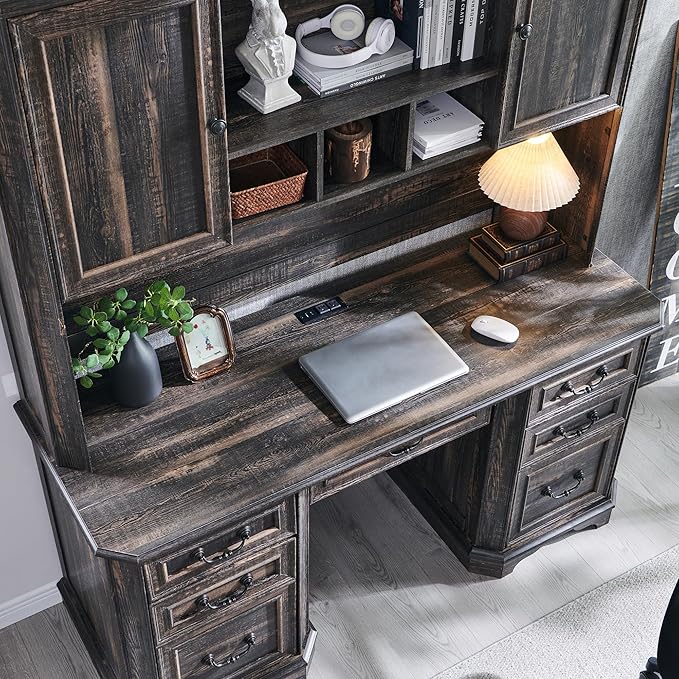 T4TREAM Farmhouse Executive Desk with Hutch59 Wood Home Office Desk with Charging StationFile Cabinet StorageKeyboard TrayIdeal for Work and StudyDark Rustic Oak