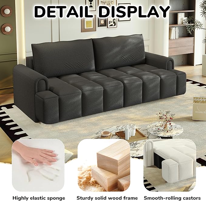 90 Comfy 4-Seater Modern Teddy Sofa with Seats Storage King Size 3-in-1 Convertible Sleeper Sofa Bed for Living Room (Black)