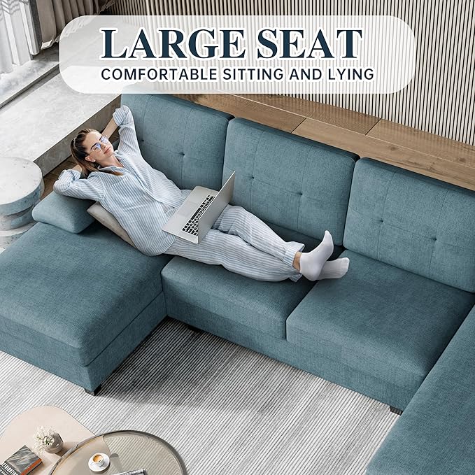 Meilocar Sectional Couches for Living Room 106 in U Shaped Couch Soft Sectional Sofa with Double Chaise Comfortable 4 Seat Sofa Couch (Blue) | Breathable Fabric Double Chaise