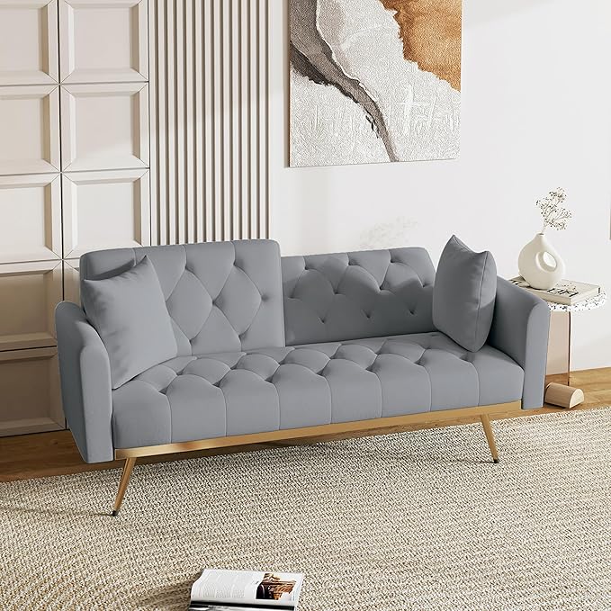 Modern Velvet 2 in 1 Futon Sofa BedConvertible Folding Sleeper Bed Couches with 2 Pillows73 Tufted Recliner Love Seat with Golden Chrome Legs for Living Room Apartment Office (Grey-New)