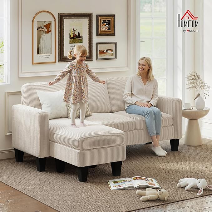 HOMCOM 73 Sectional Sofa L Shaped Couch with Reversible Chaise or Ottoman Corduroy 3 Seat Sectional Couch for Living Room Bedroom Apartment 2200lb Capacity Cream White