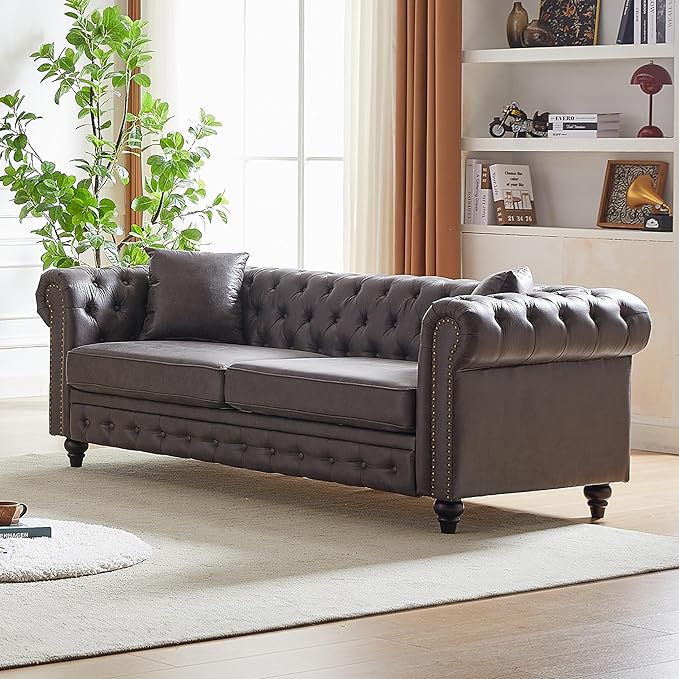 KEIKI Chesterfield Sofa Retro Tech Fabric 3 Seater Upholstered Couch with Rolled Arm for Living Room Bedroom Office Grey