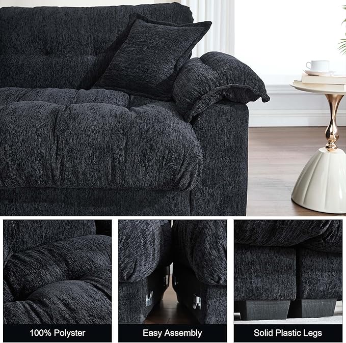 90.55 Black Loveseat Sofa for Living Room Cloud Couch Deep Sectional Sofa for Small Spaces 2 Seater Small Loveseat with Wide Armrest Pillows Comfy Sleeper Sofa Bed Black